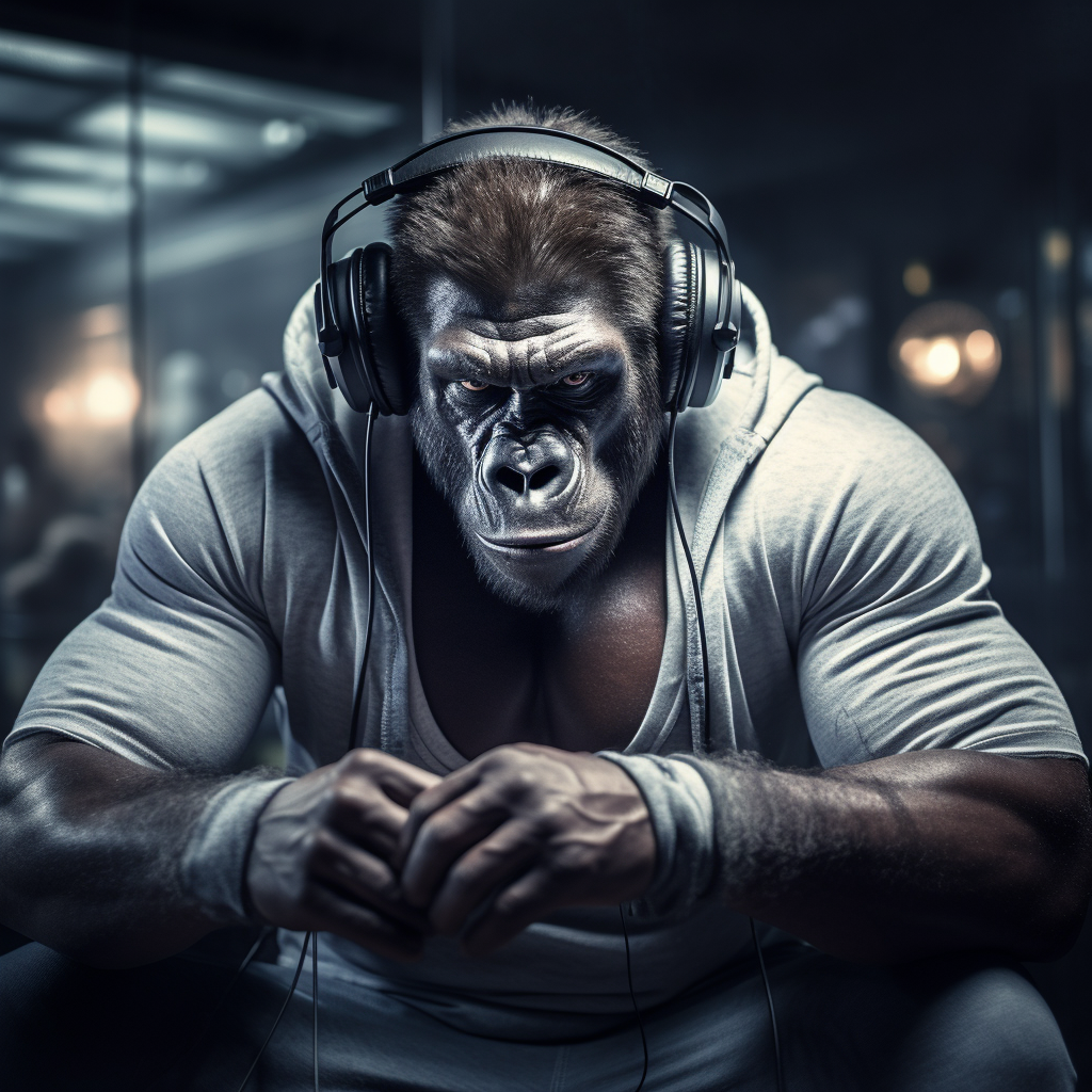 Gorilla teenager wearing headphones doing sports in gym