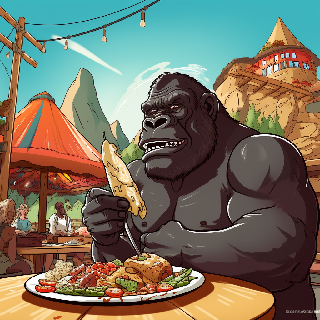 Cartoon gorilla tourist eating pizza in Italy