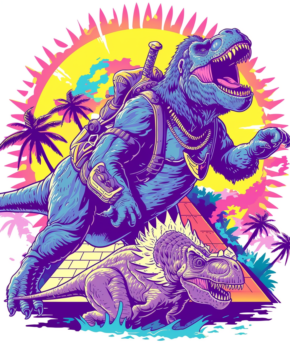 Gorilla warrior riding T-Rex in vibrant pop art scene