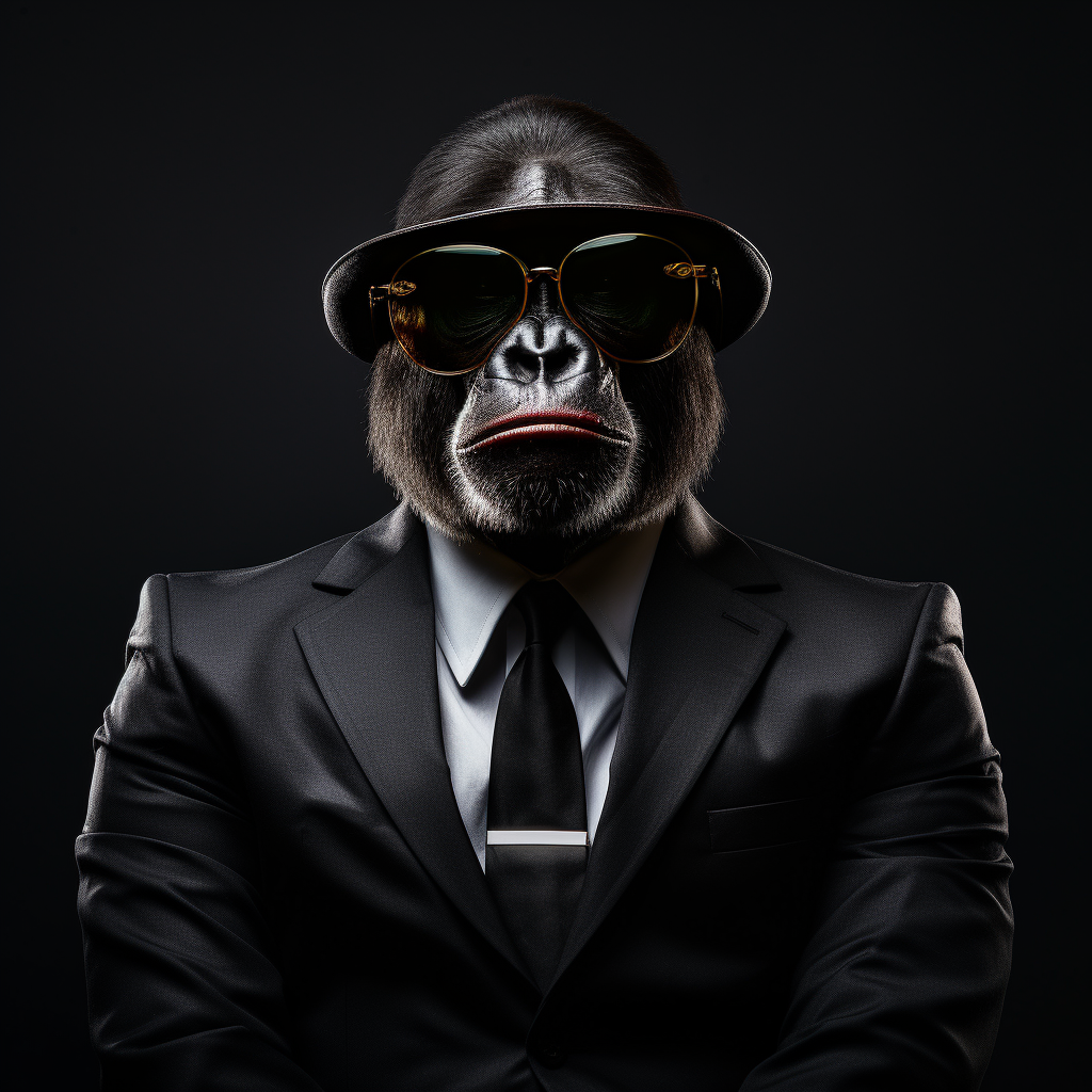 Gorilla in black suit with sunglasses