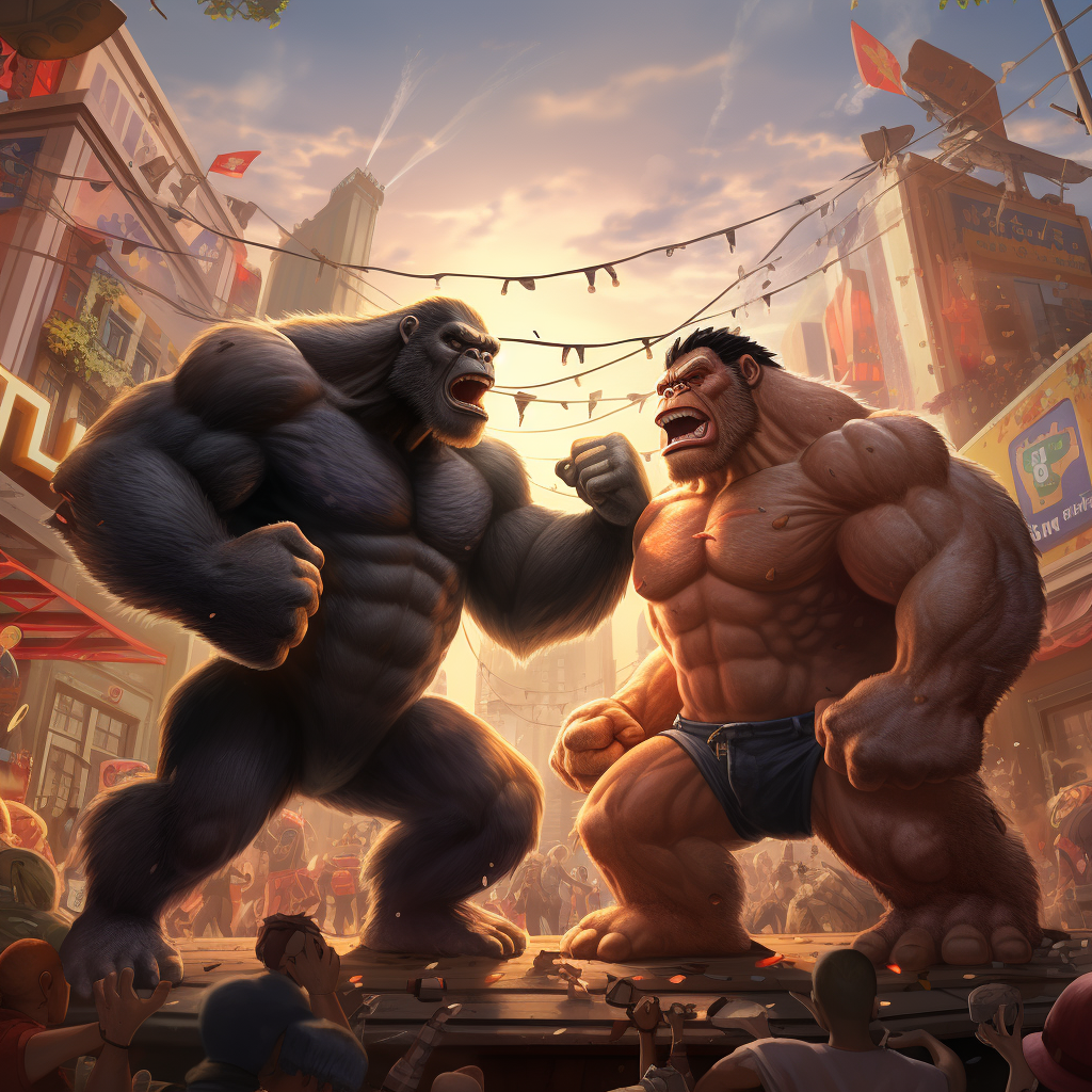 Strong gorilla fighting Donkey Kong in city rooftop