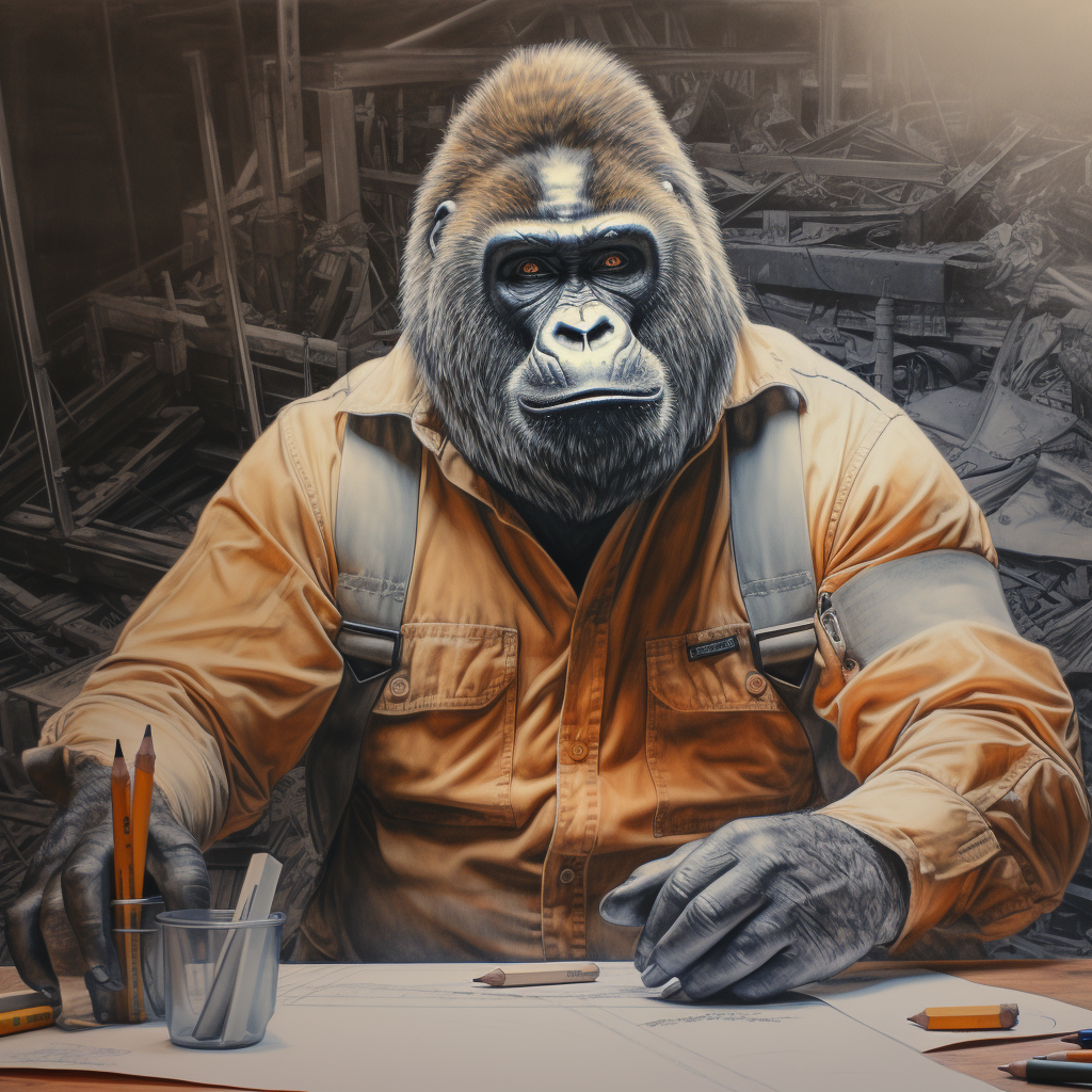 Gorilla engineer on construction site drawing