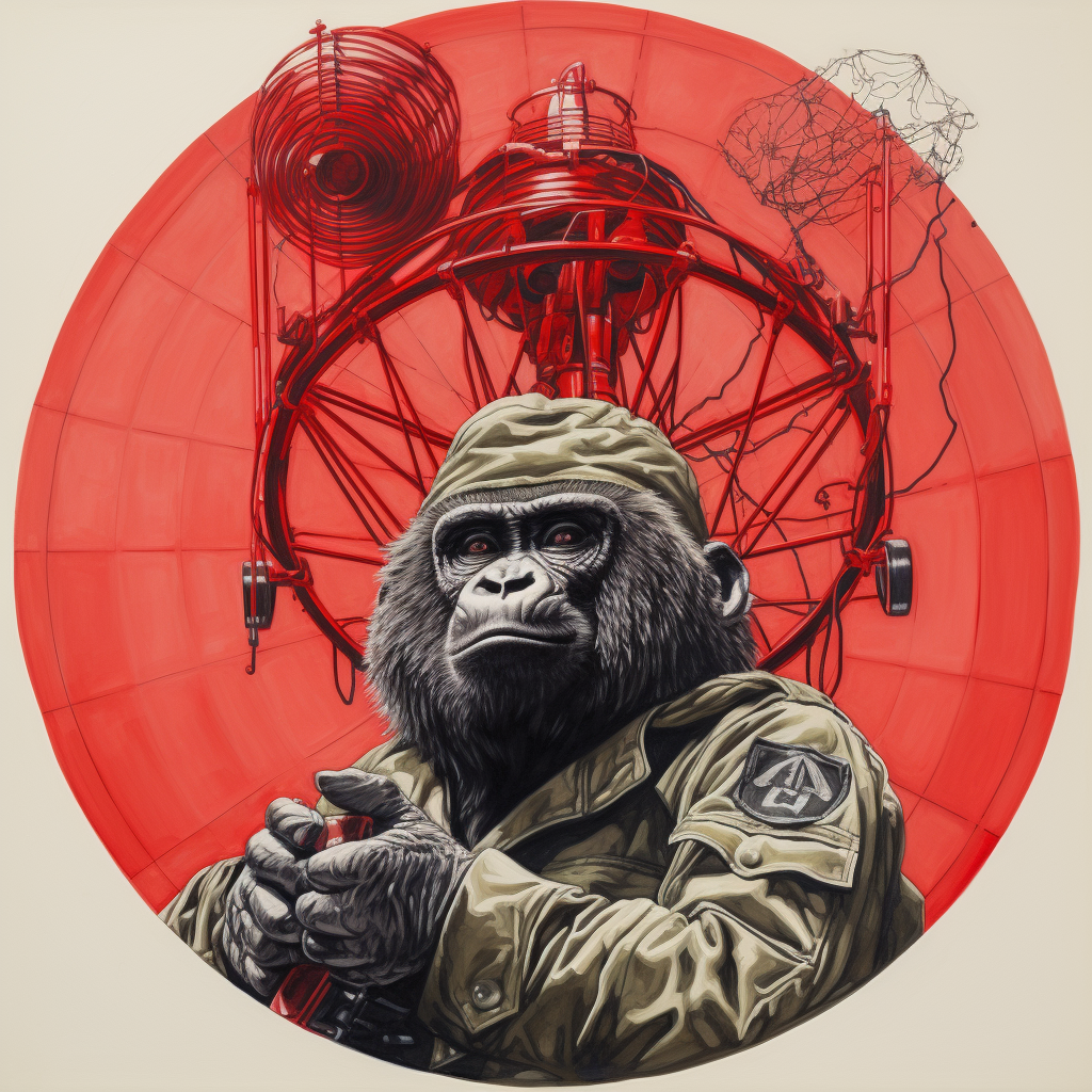 Gorilla wearing red beret clinging to antenna