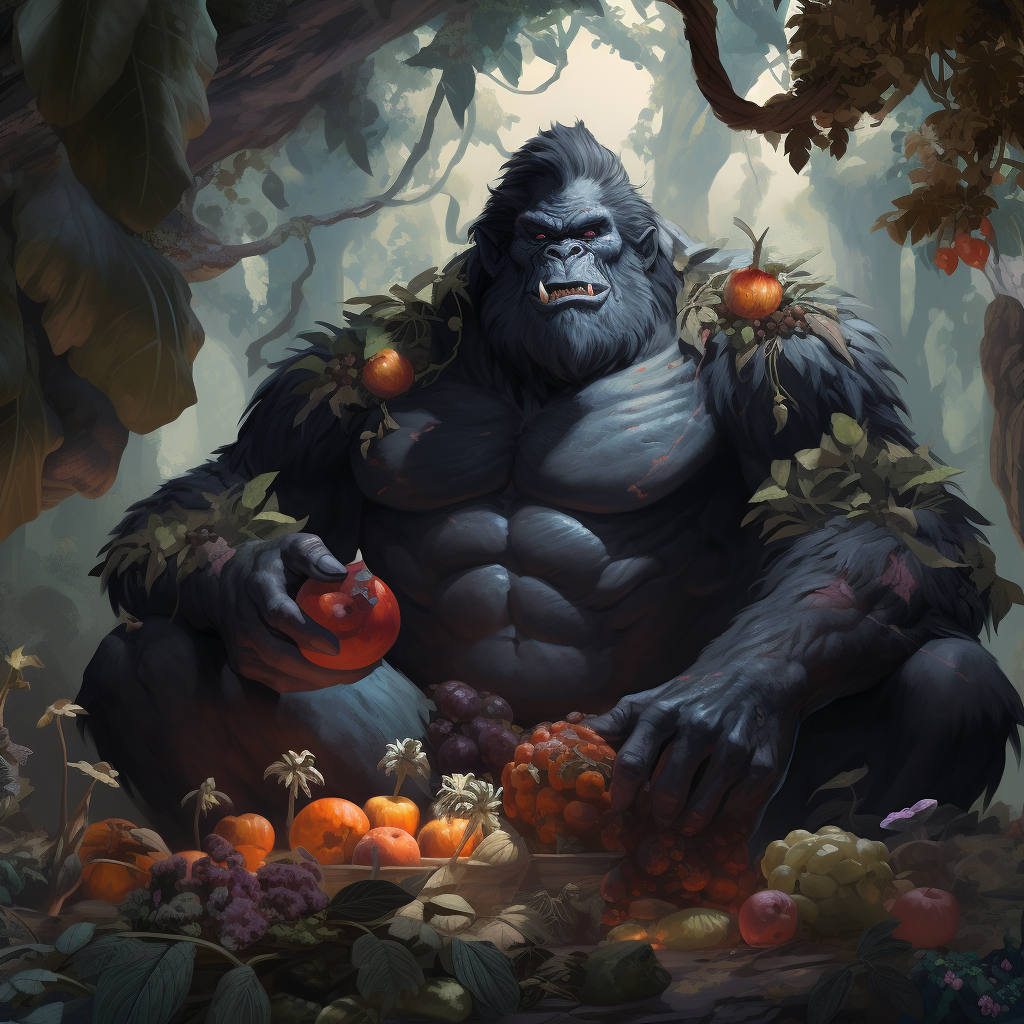 Smiling gorilla eating fruit in jungle