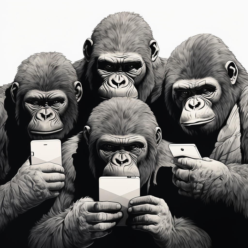 Gorillas covering senses, one on cellphone