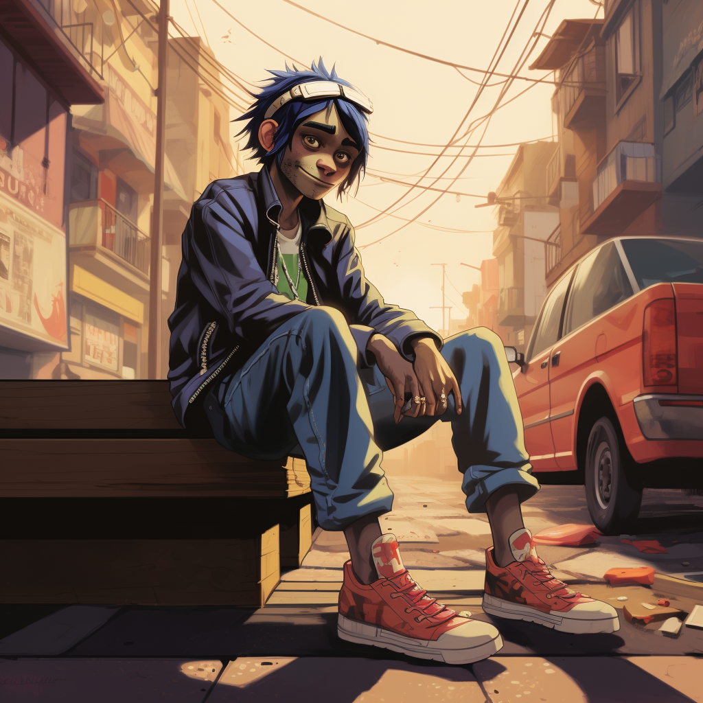 Colorful illustration of Gorillaz 2-D chilling on a curb with a sandwich