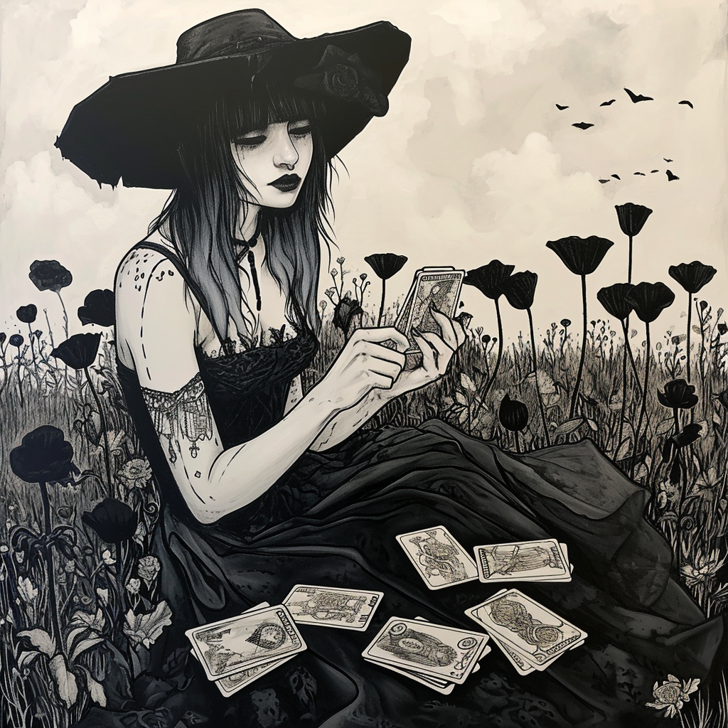 Goth girl with tarot cards in black sundress