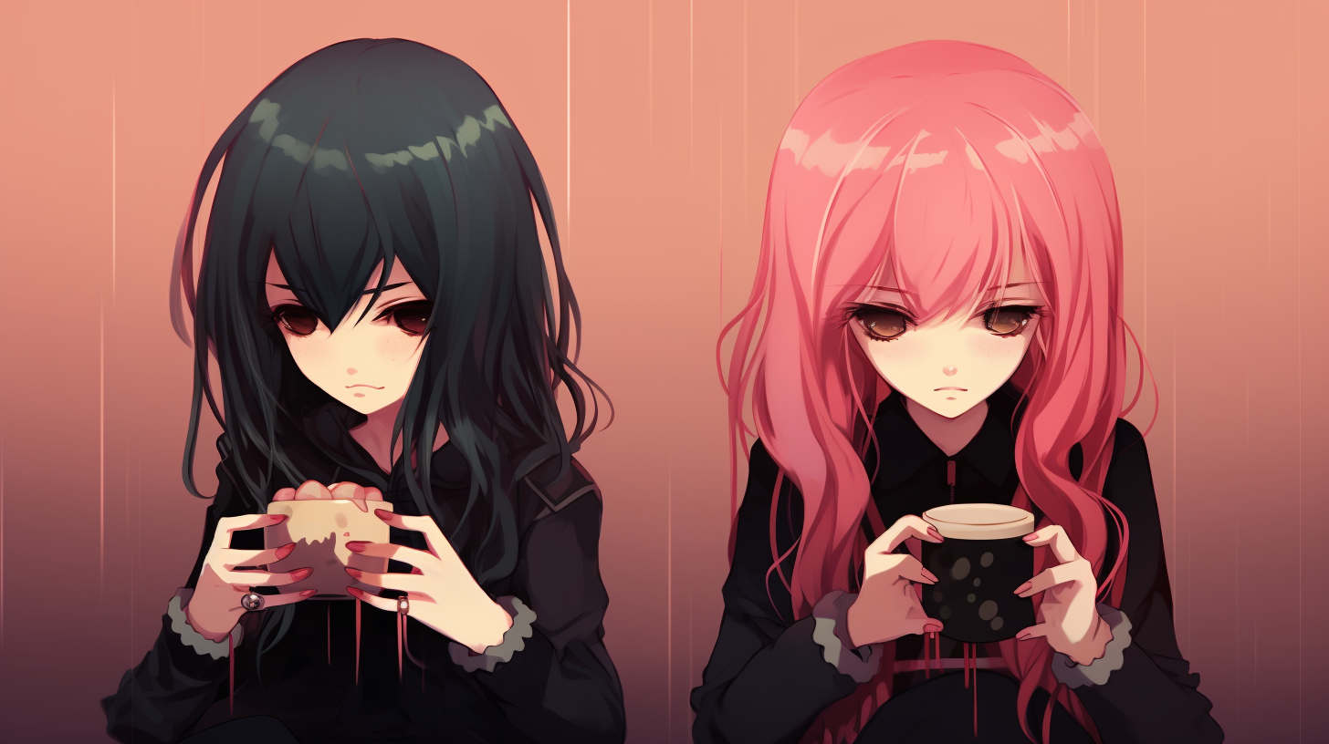 Anime-style goth and pink-haired girls on phone