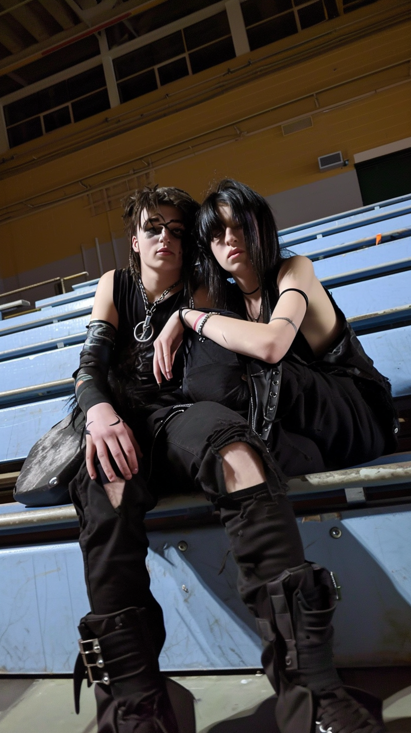 Stylish goth punk high school twins on bleachers in gym