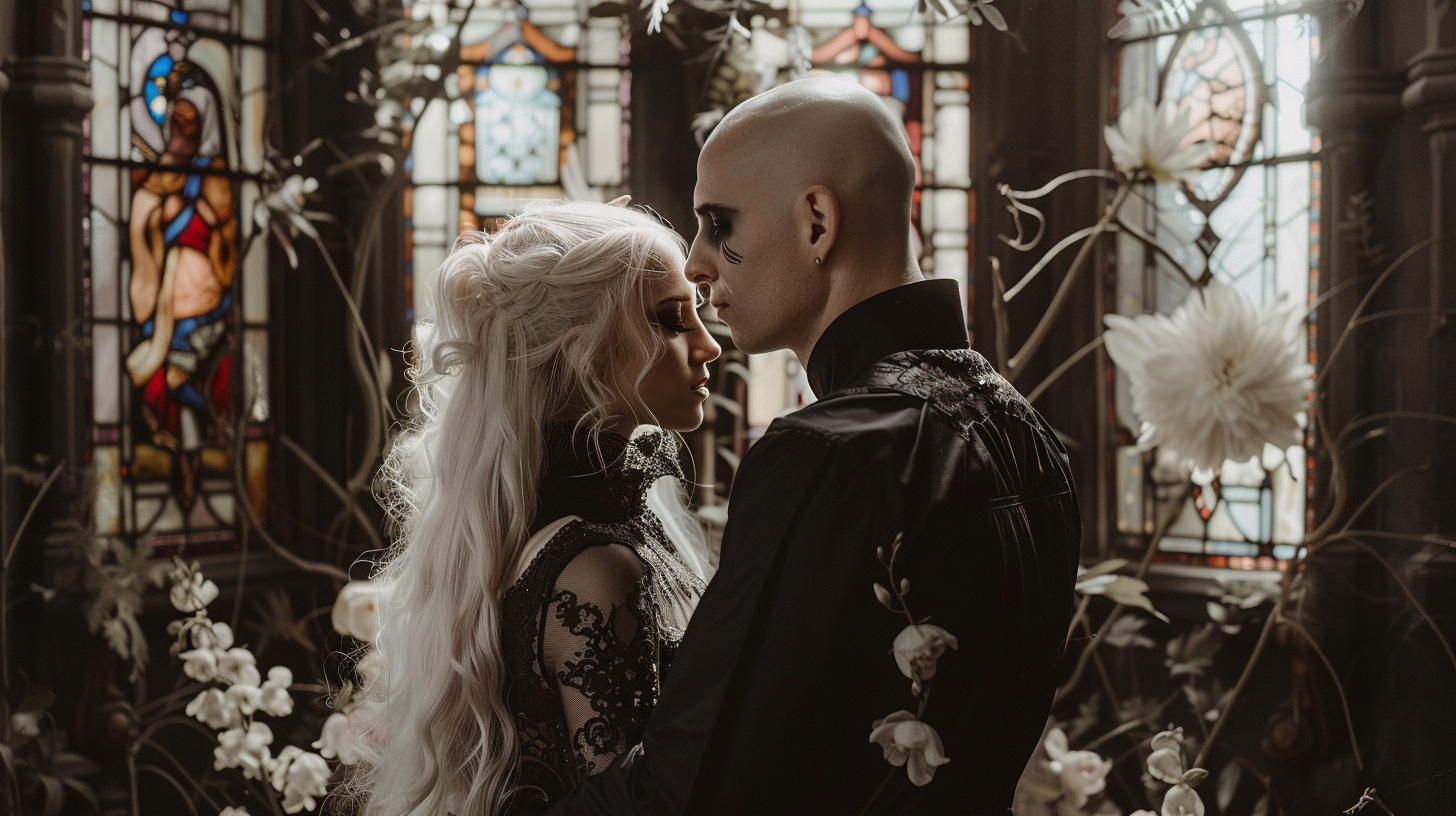 Gothic wedding ceremony with stained glass