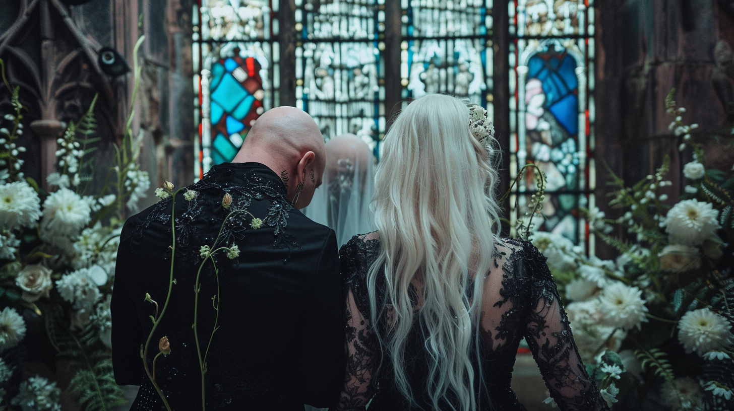 Wedding couple in front of stained glass