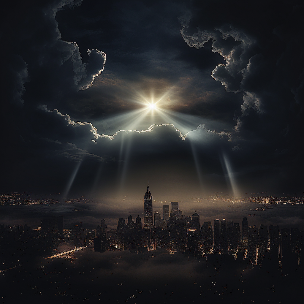 A captivating image of Gotham City's night skyline with a shining  X  symbol in a spotlight