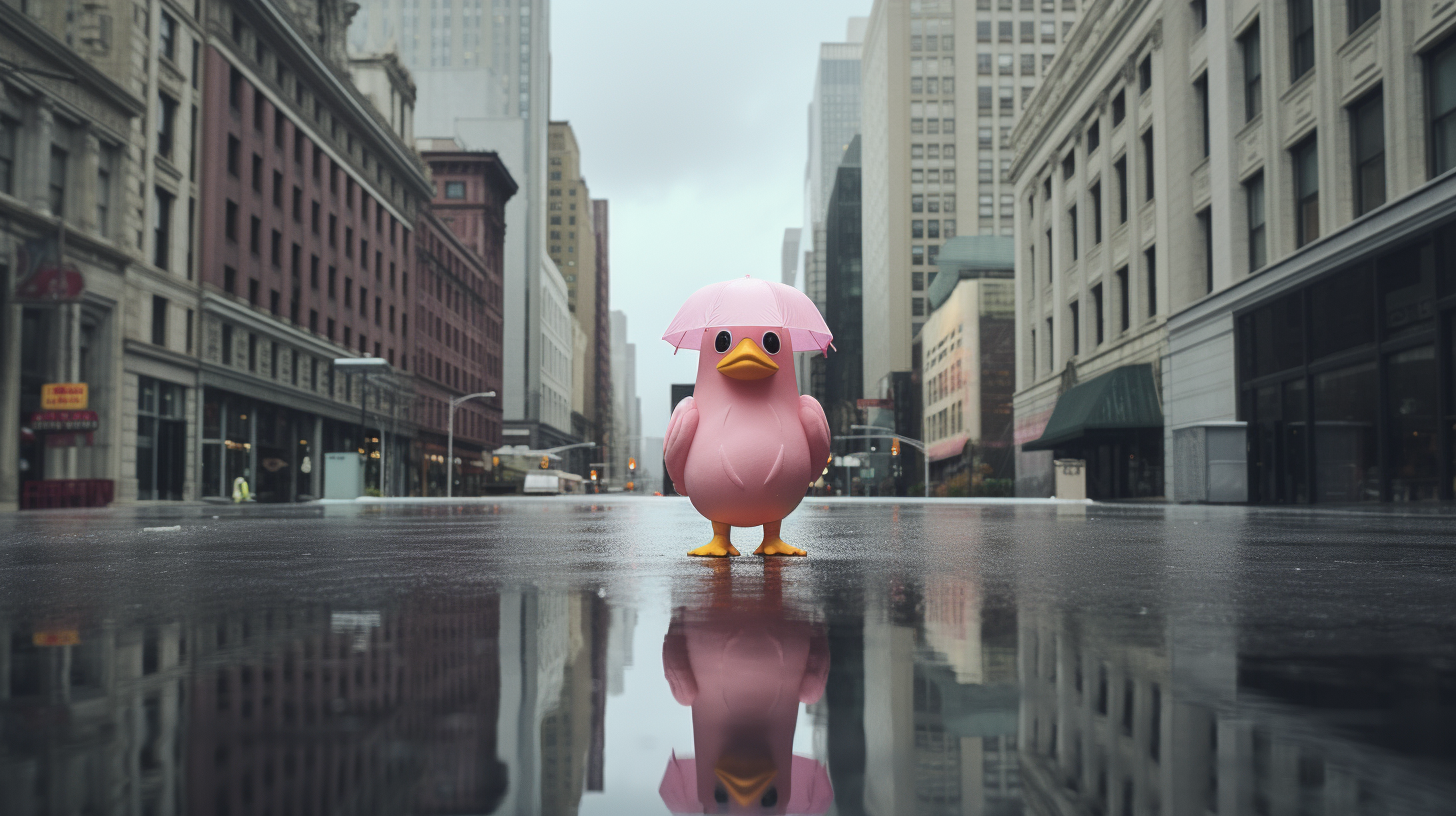 Image of Gotham City with Pink Duck in Rain