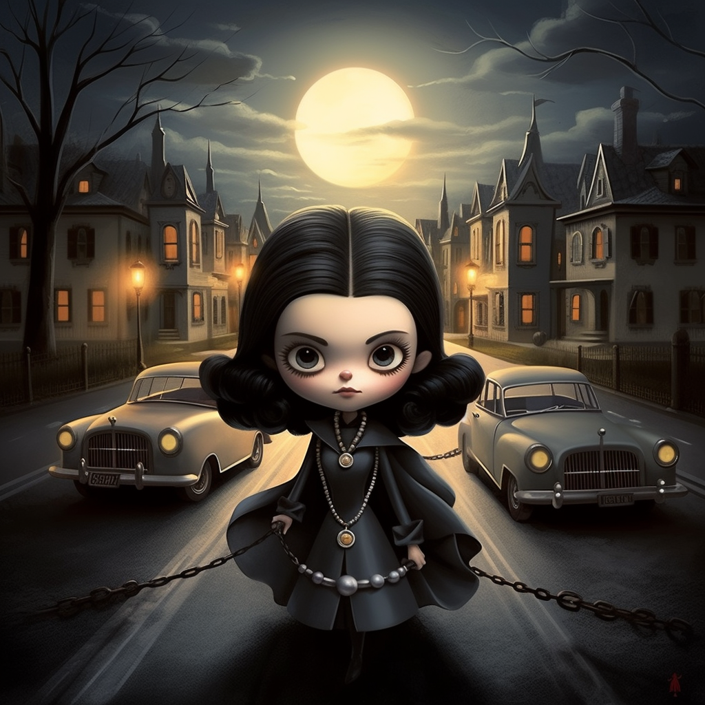 Wednesday Addams driving the Batmobile