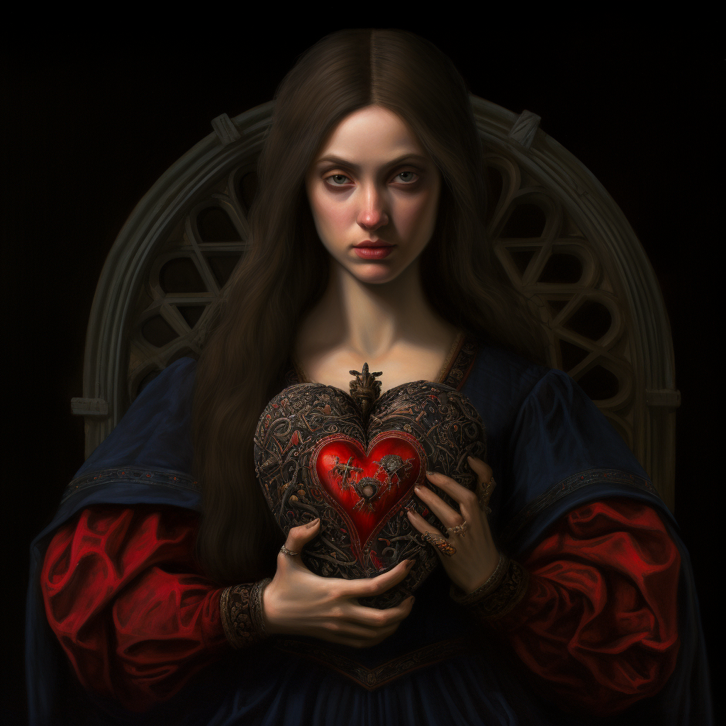 Gothic brunette woman holding sacred heart