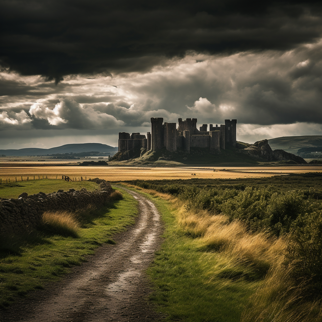 Massive gothic castle in dark stormy Wales landscape