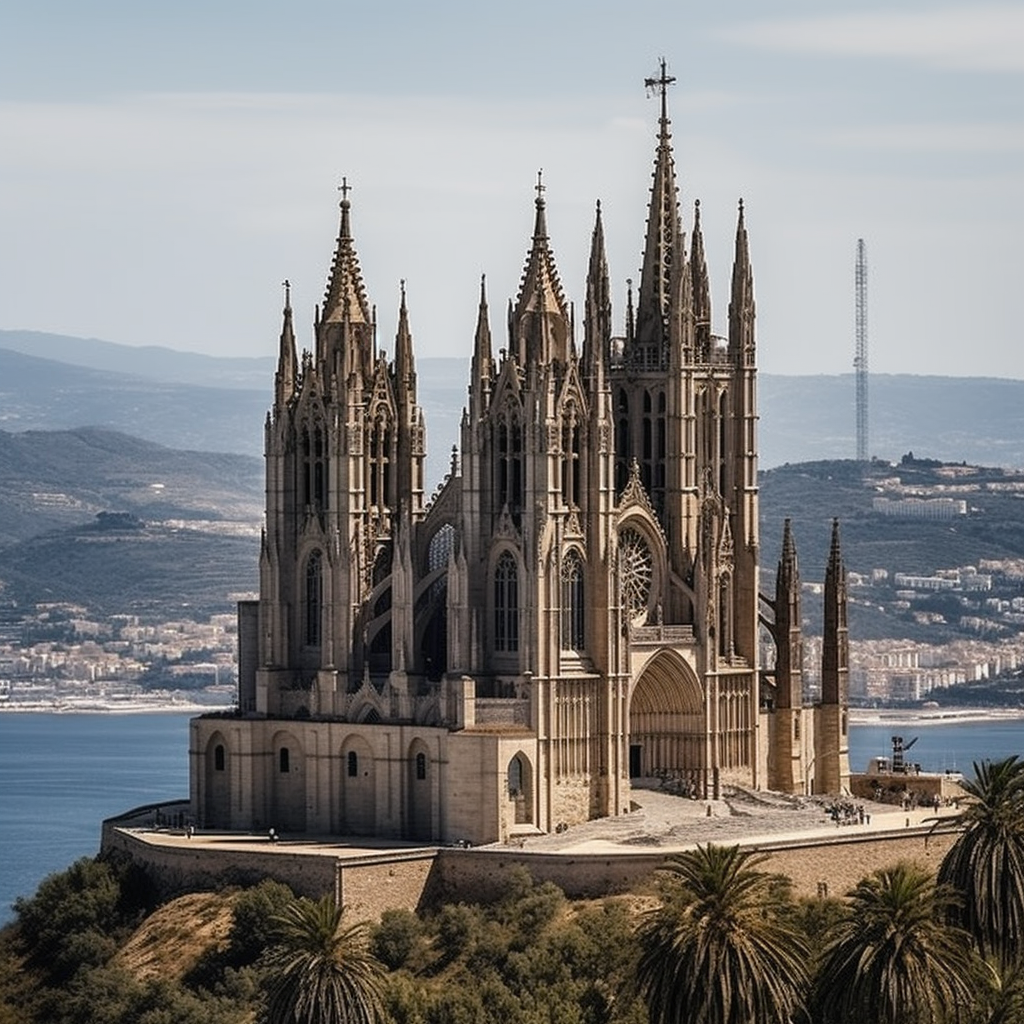 Beautiful gothic cathedral on hillside with port city view