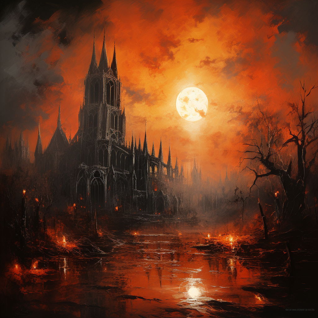 Gothic catthedral with orange moon