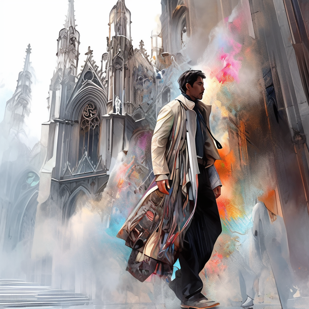 Male Filipino priest walking past a Gothic cathedral