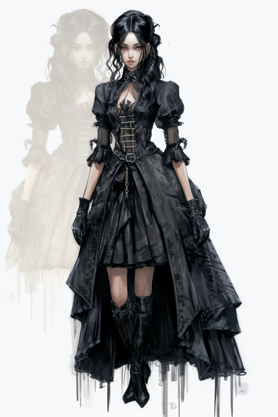 Tall black-haired gothic woman in fashion illustration