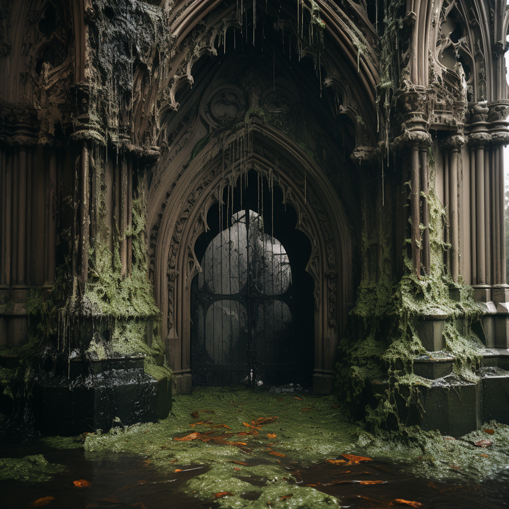 Gothic church doorway covered in slime mold