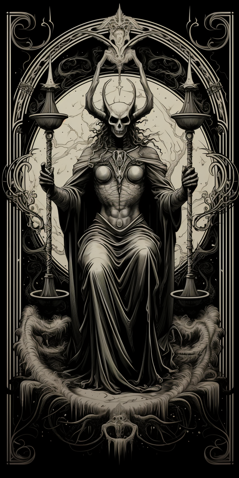 Gothic devil tarot illustration in black and white