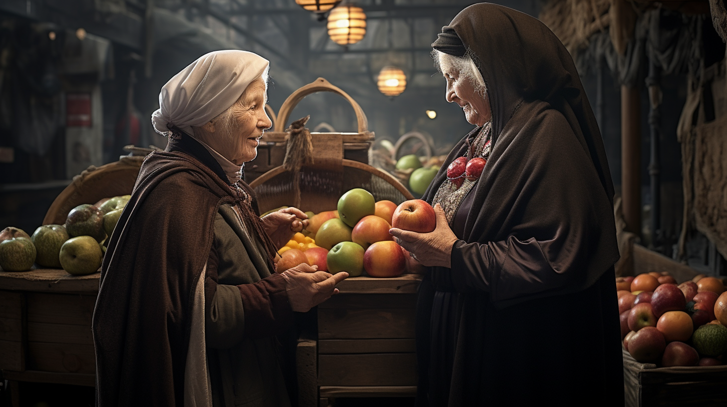 Two concerned elderly women at fruit stall