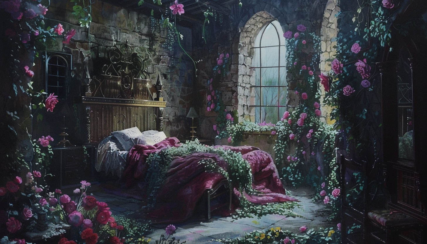 Gothic fantasy bedroom with flowers