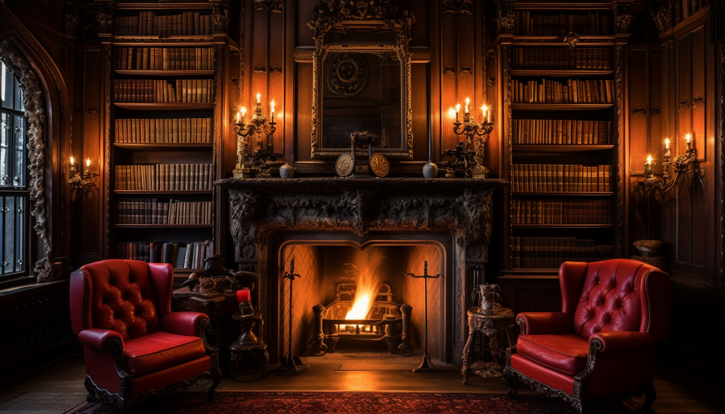 Gothic fireplace with melted candles and red leather chairs