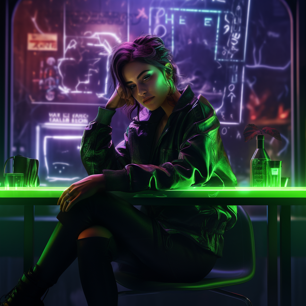 Woman sitting in green neon lights