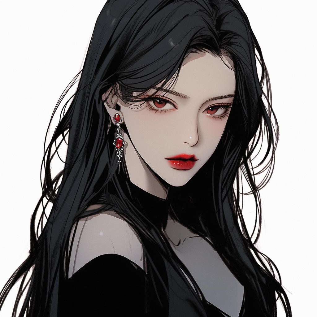 Girl with long black hair and small fangs