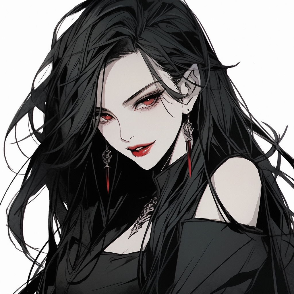 Gothic girl with long black hair and fangs