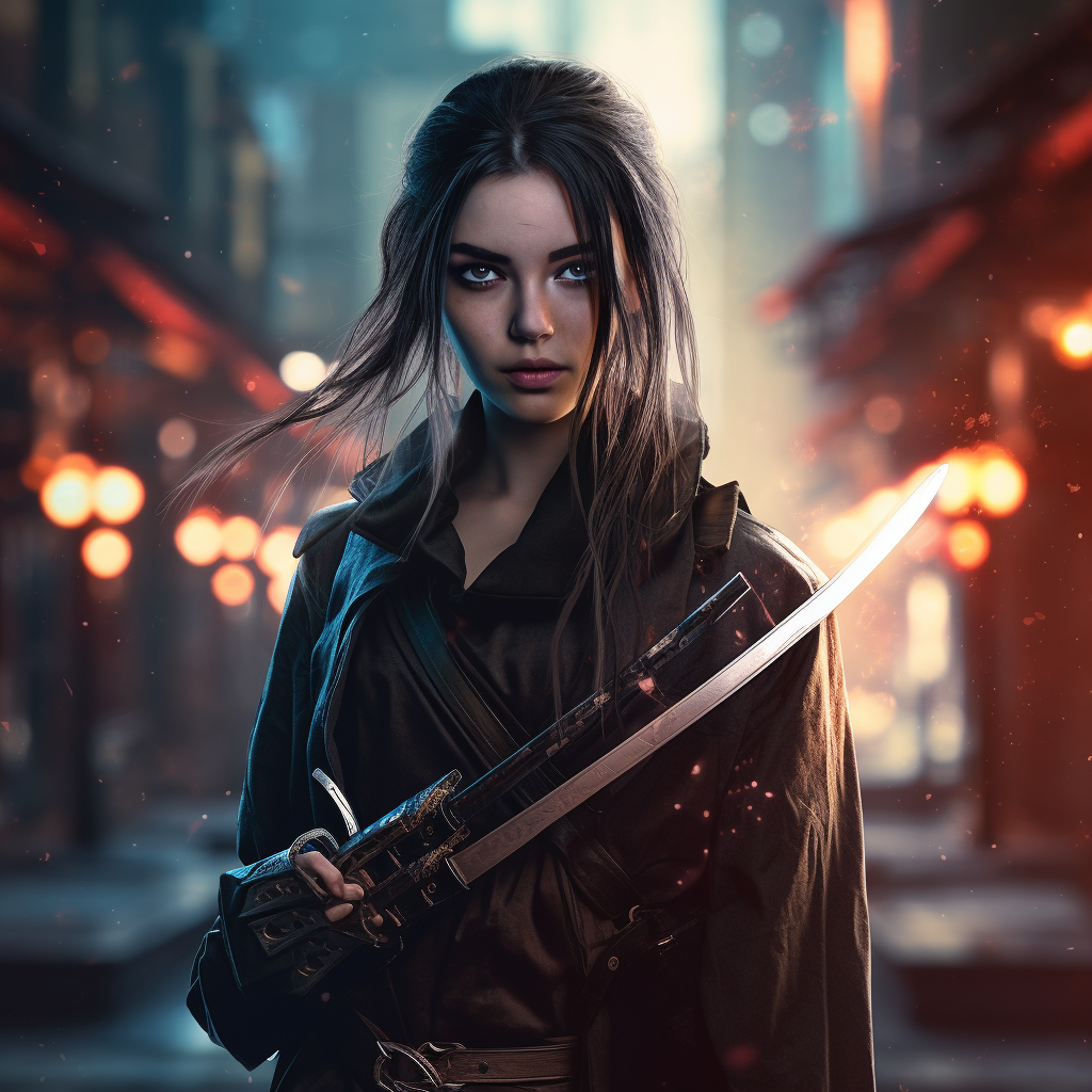 Young Gothic Girl with Katanas in Cyberpunk City