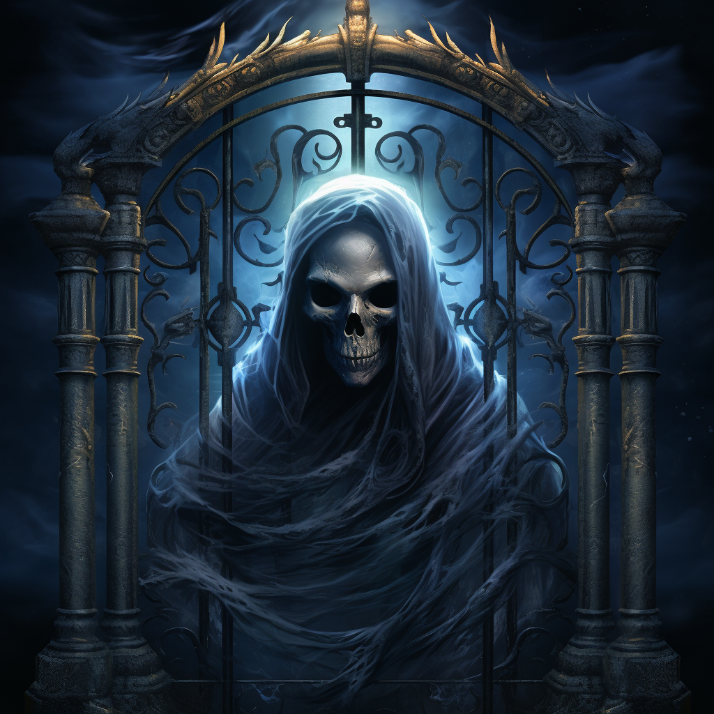 Veiled Goddess Skull in Navy Robes at Gothic Iron Gates