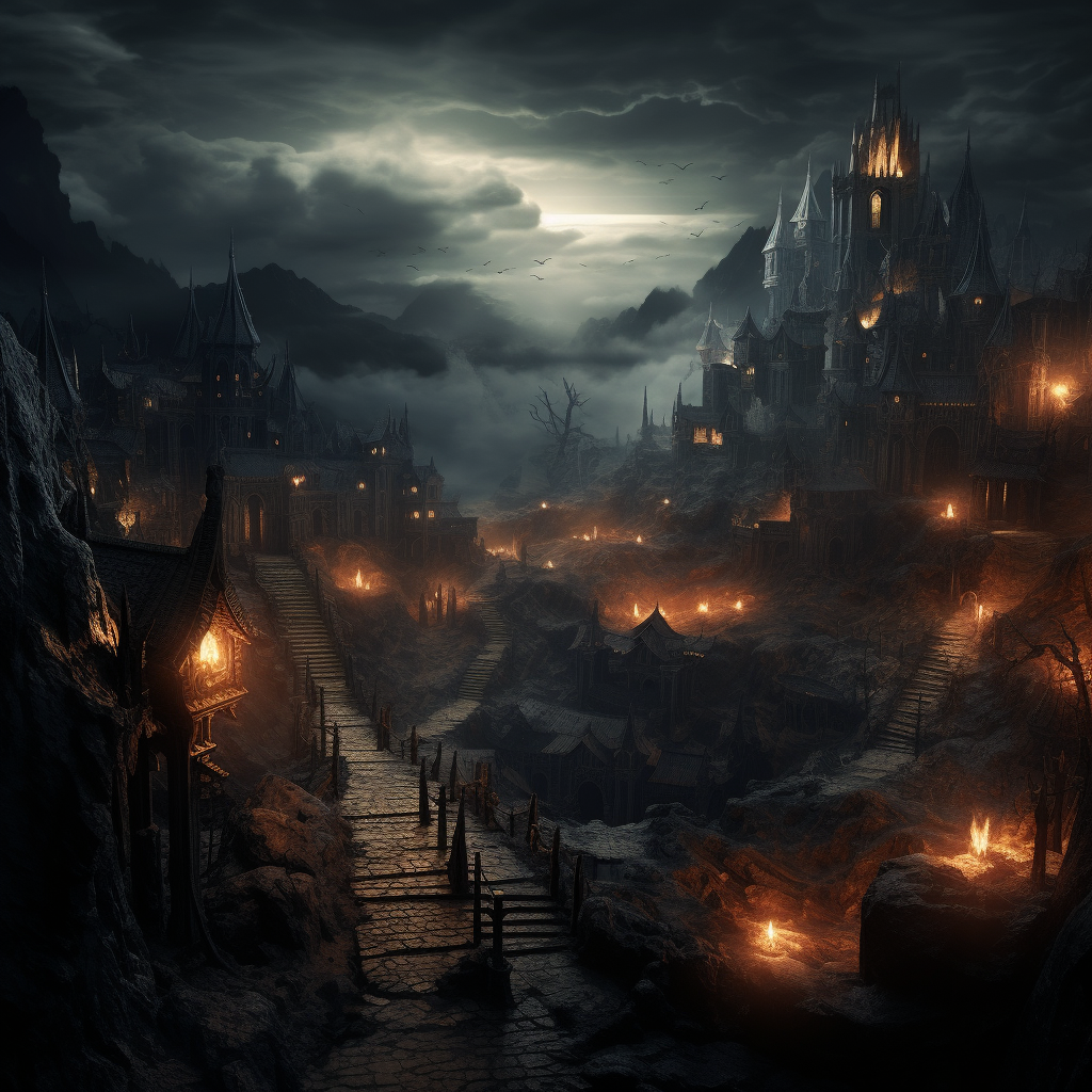 Gothic horror fantasy city in the mountains