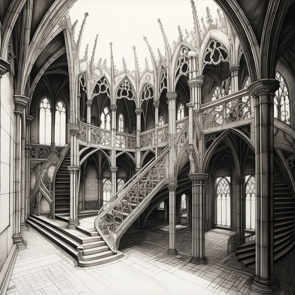 Gothic interior architecture drawings in isometric view