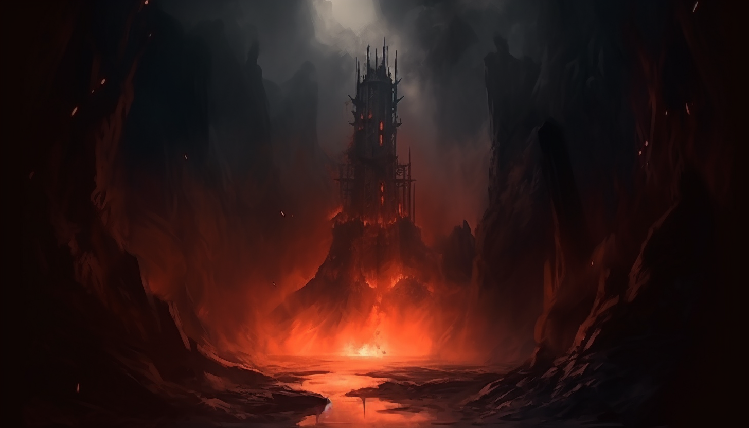 Dark Gothic Iron Tower in a Pool of Lava