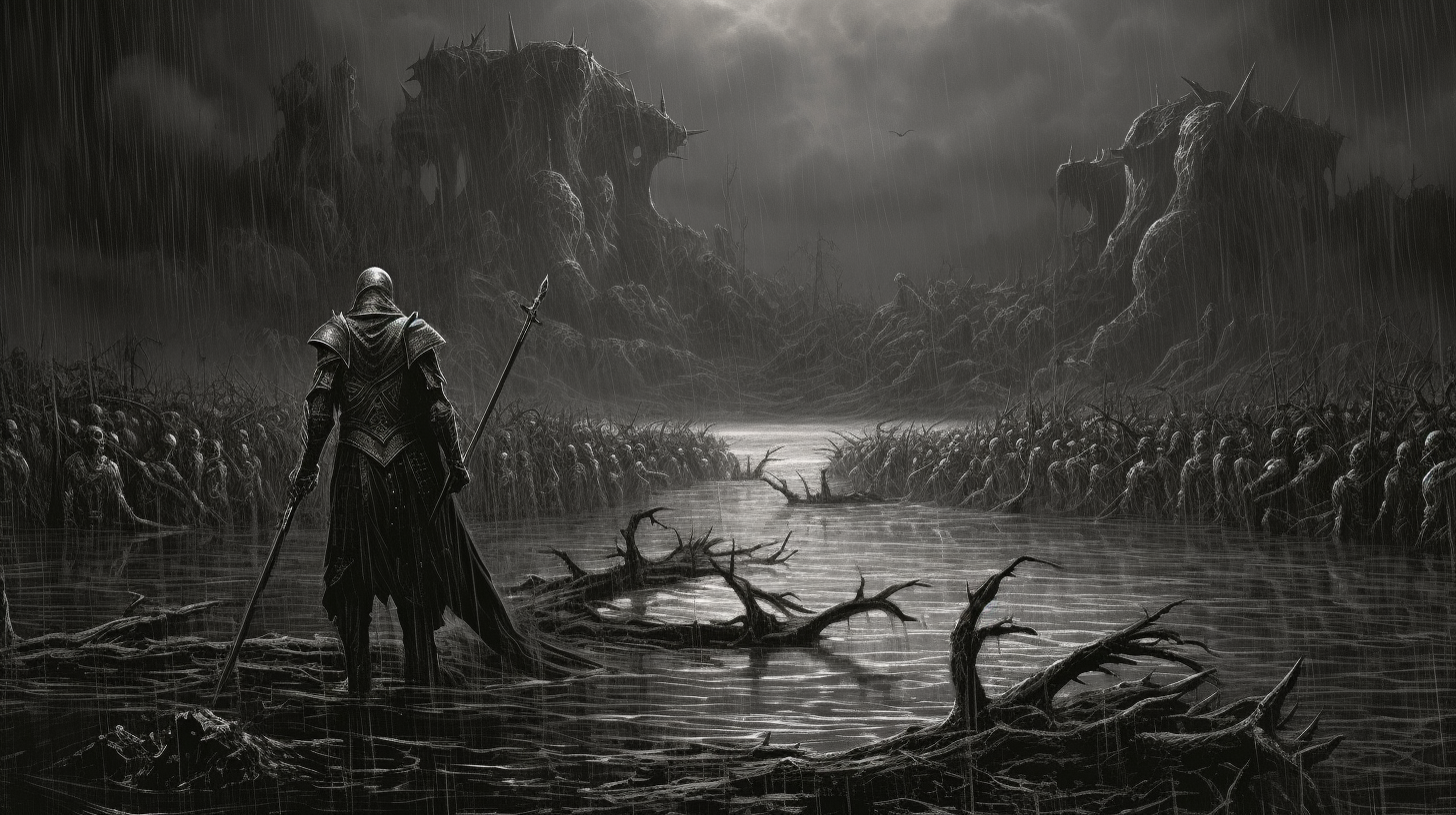 Gothic knight flooded swamp piranhas illustration