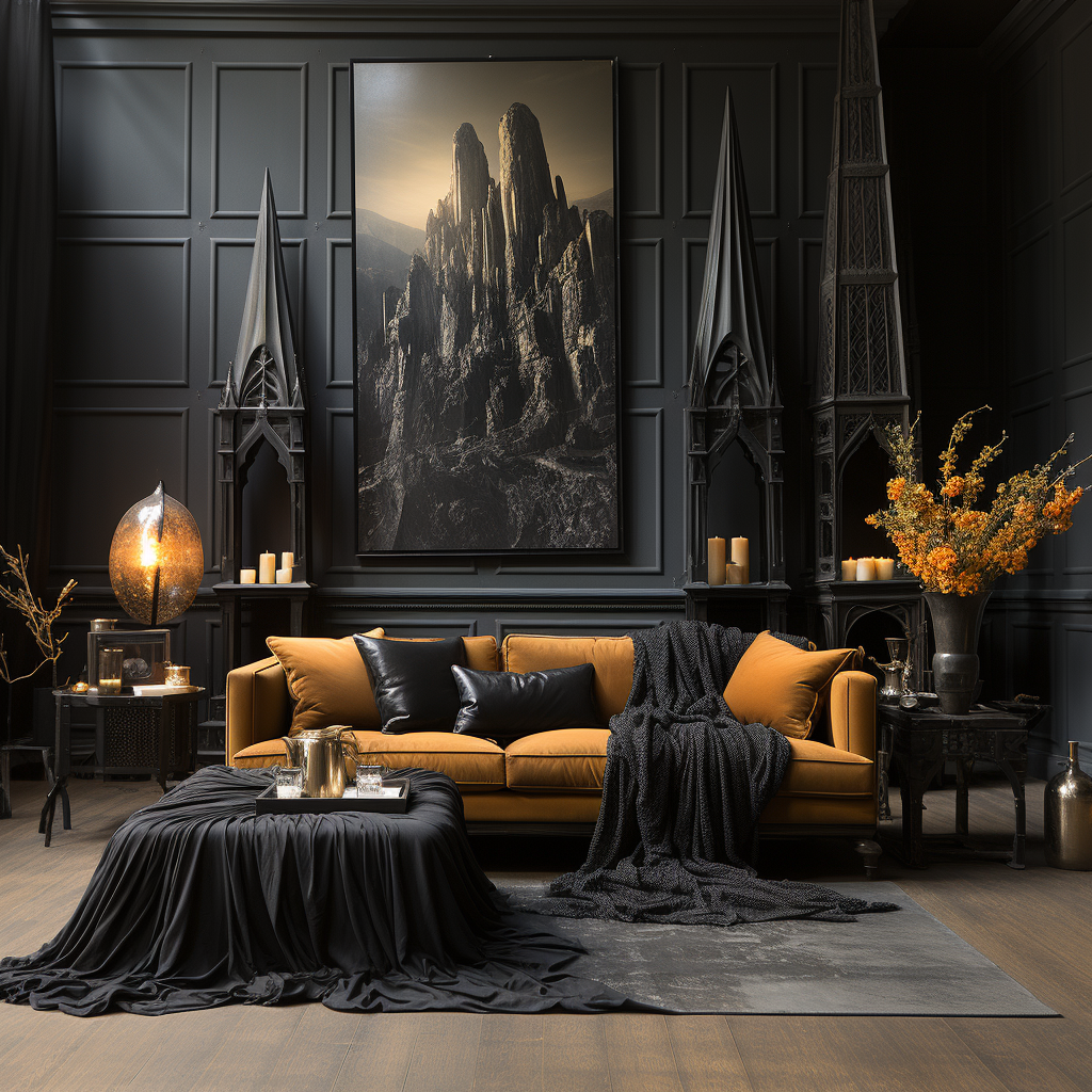 Eclectic Gothic Living Room with Picture Frame, Drapes, Sofa, Furnishings