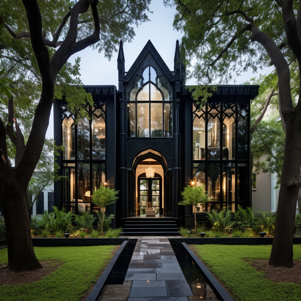 Modern Gothic Plantation Home with Trees and Shade