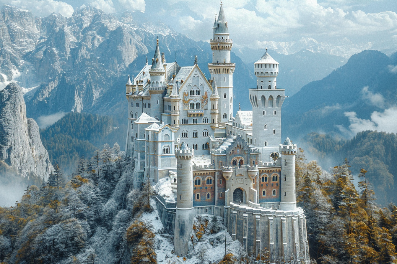 Medieval porcelain castle on cliff with alpine mountains