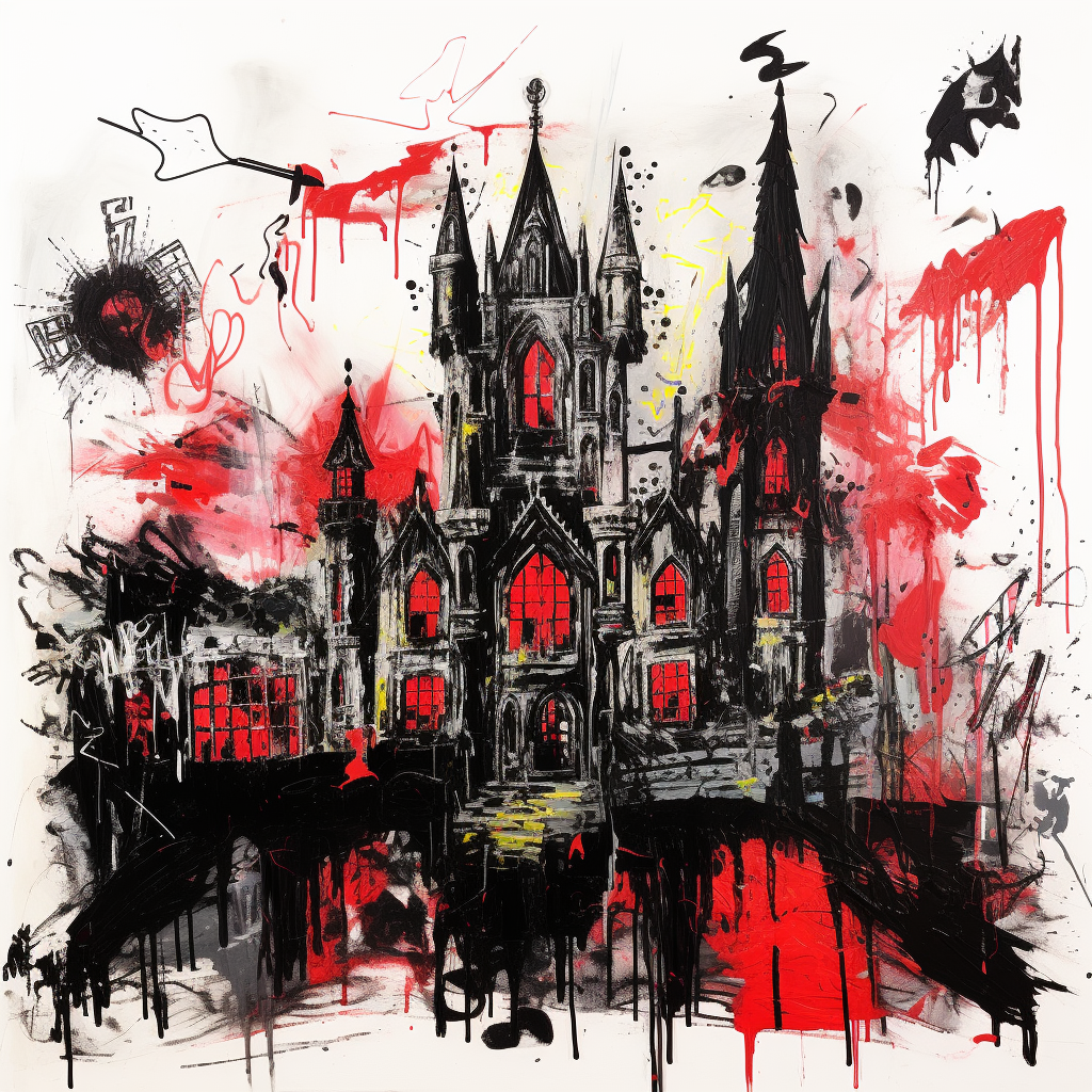 Chaotic gothic castle with red blots