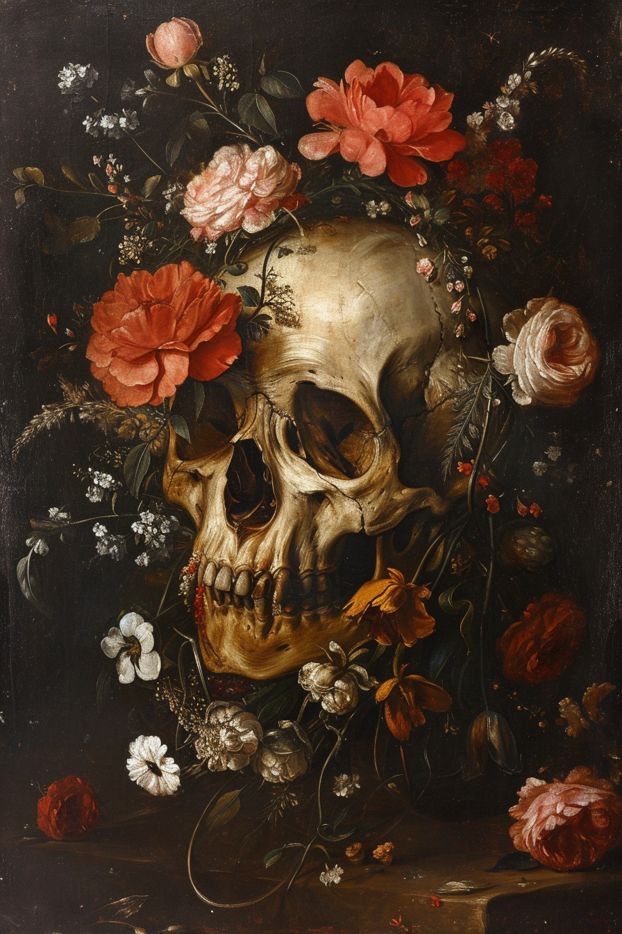 Gothic Skull with Flowers Artwork