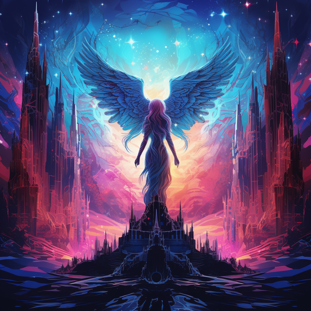 Ethereal gothic stone angel statue in a nebula city