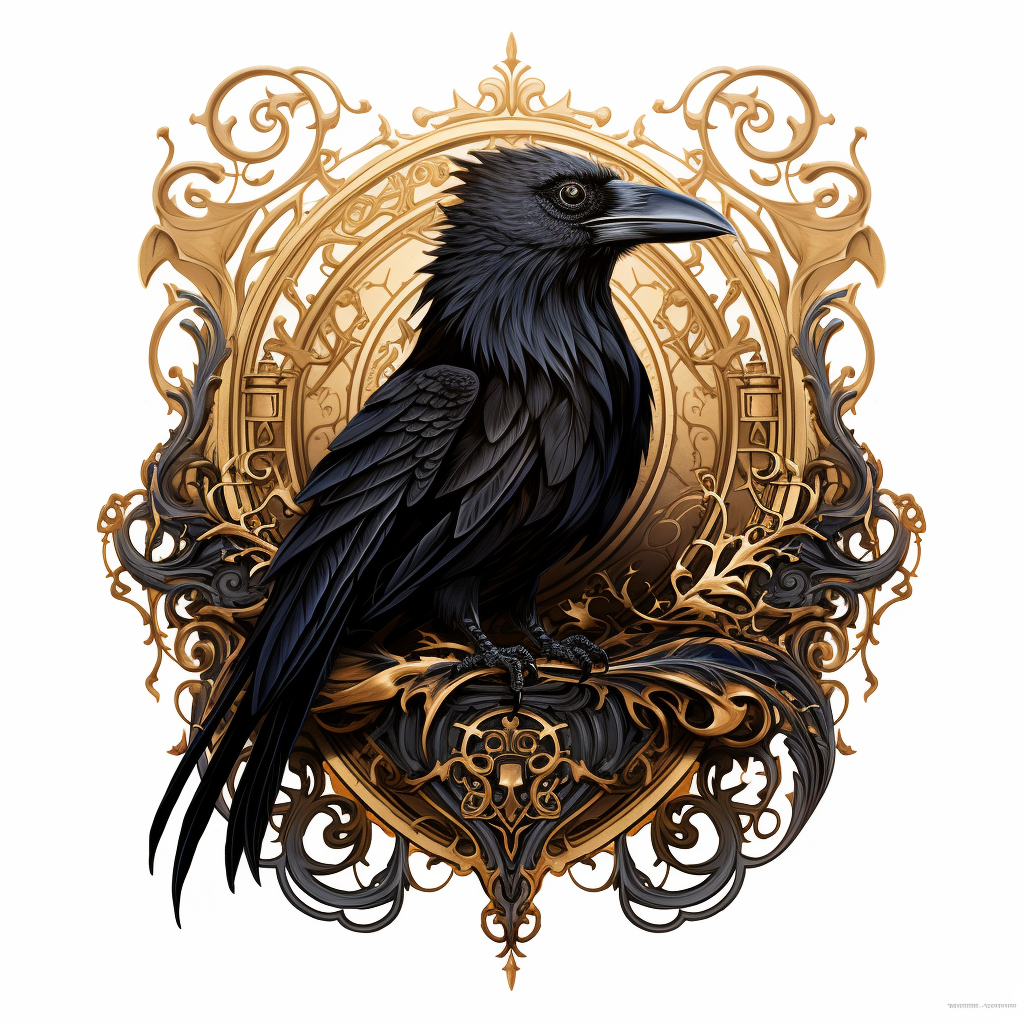 Crow illustration with gothic golden details