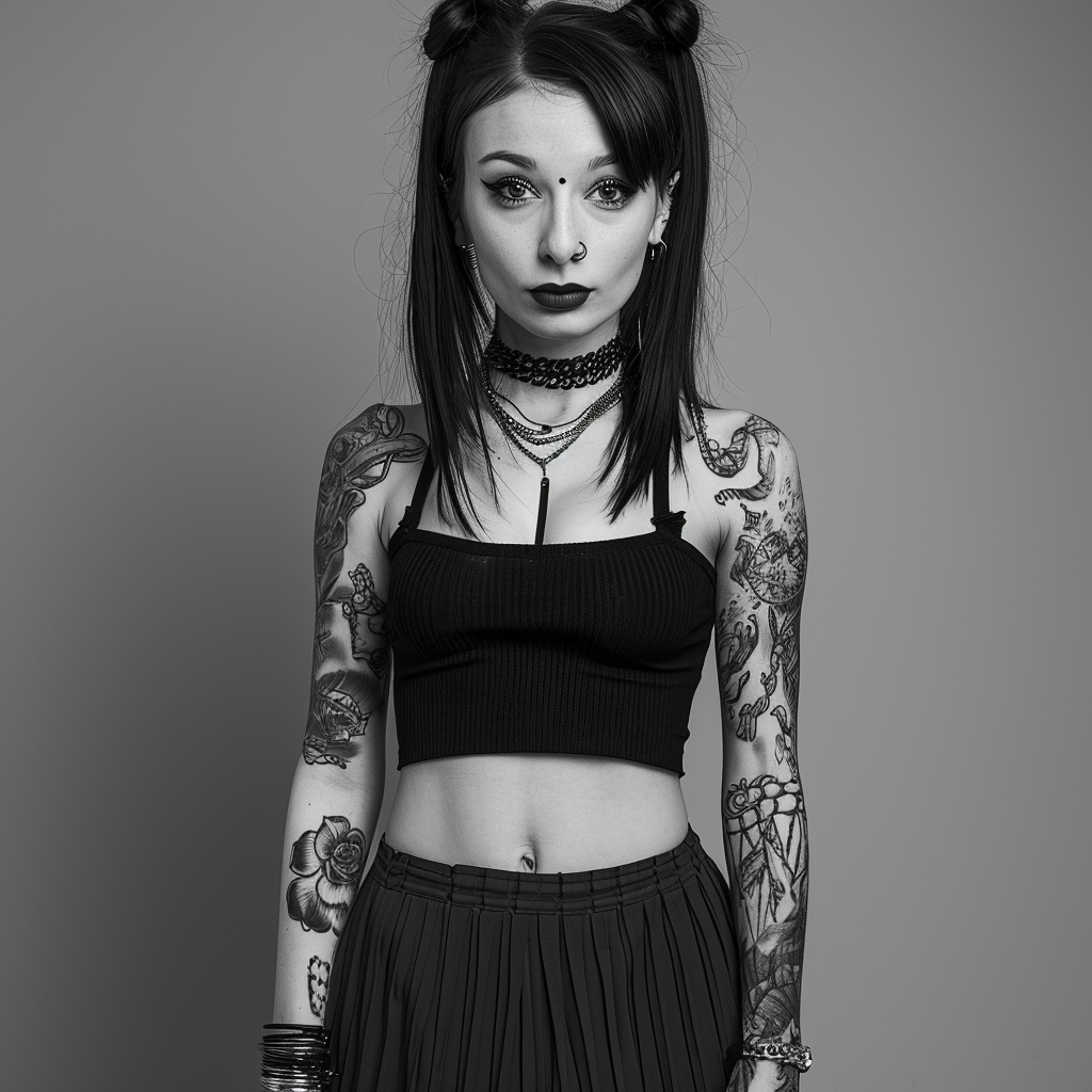 Image of a flirtatious gothic tattood girl in pleated skirt