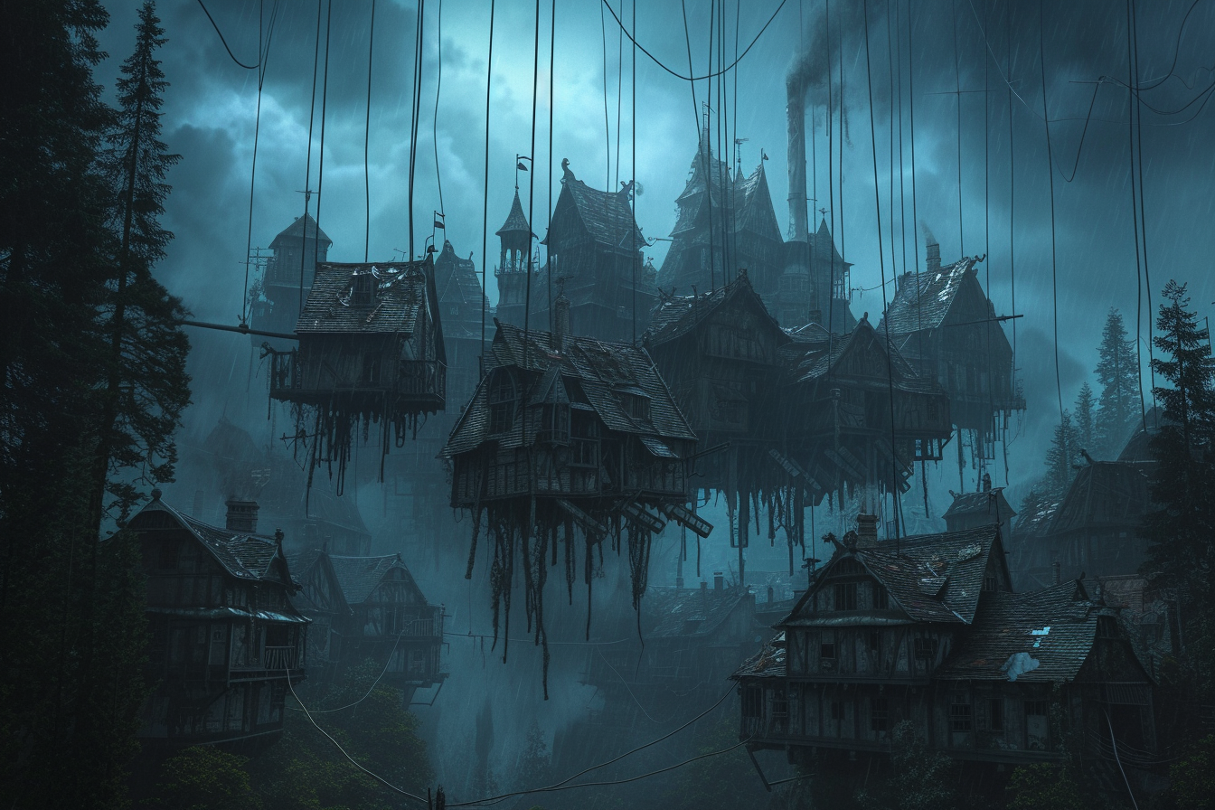 Gothic town hanging from strings in eerie forest