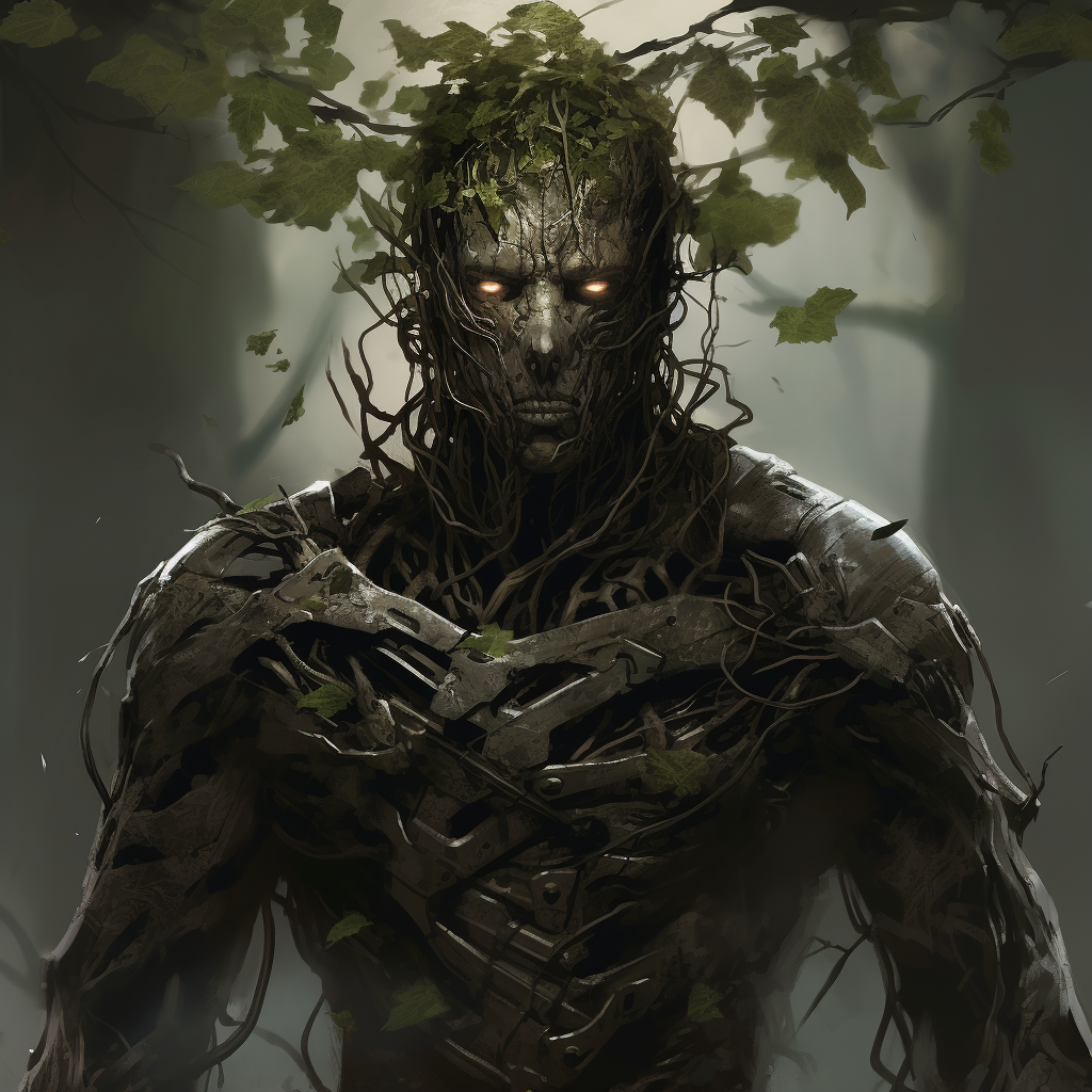 Half Gothic tree, half human soldier with tactical helmet made of leaves