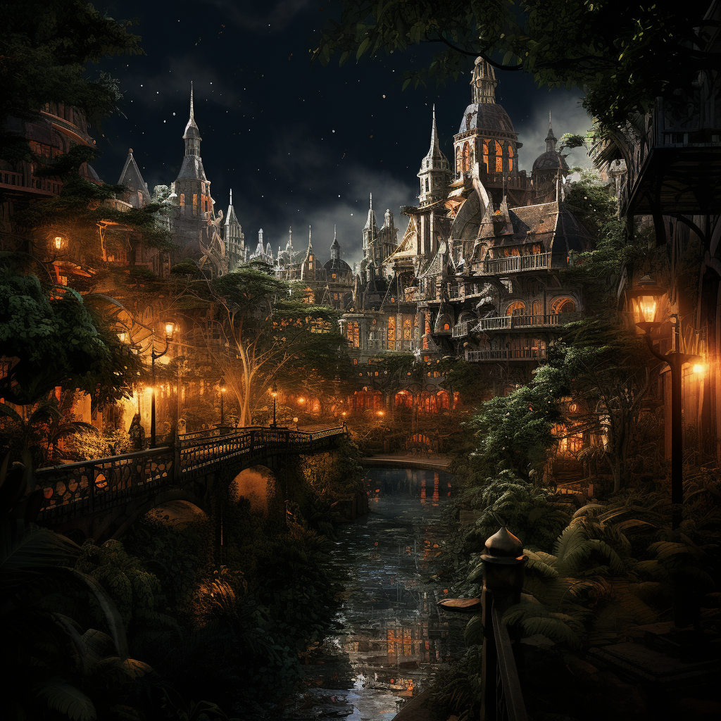 Gothic tropical night city scene