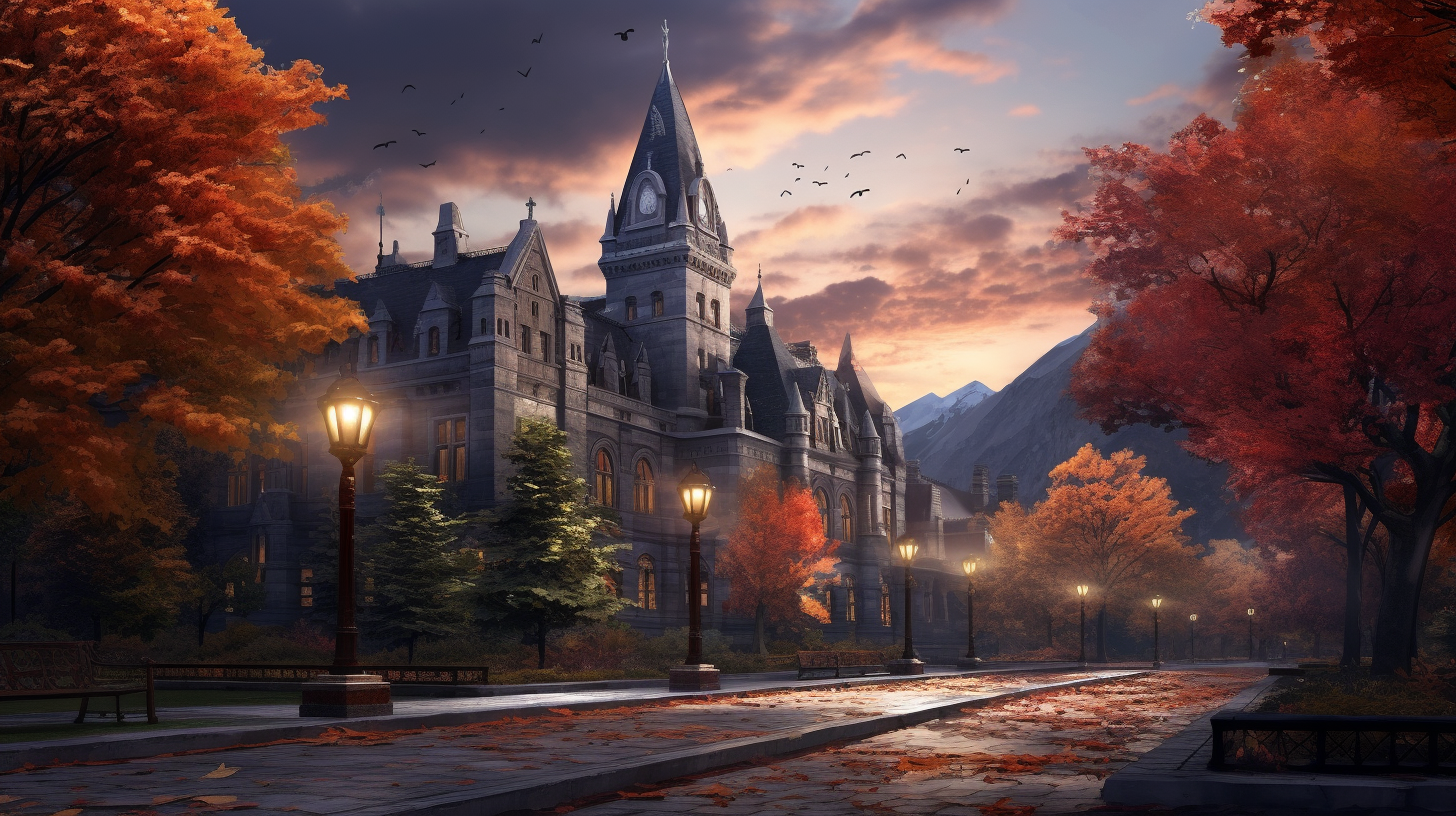 Gothic University during autumn with magical glowing street lamps